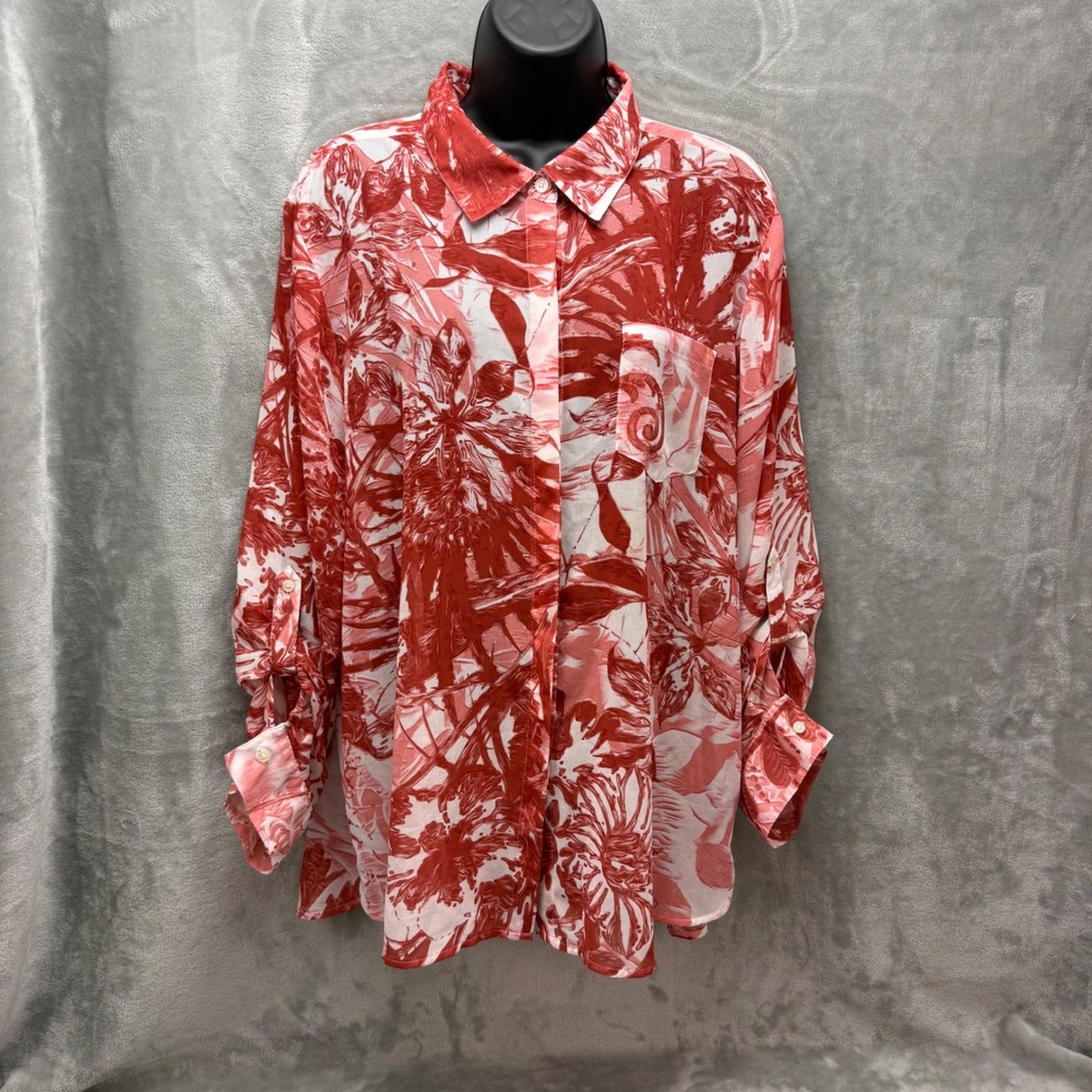 Tommy Hilfiger Womens 0X Red White Floral Button‎ Down Roll Tab Blouse Shirt